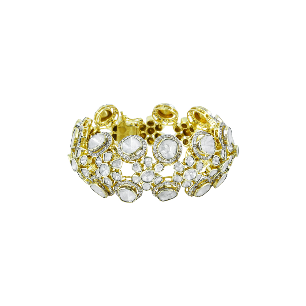 Polki Bracelet with Double Rows and Diamond Halos